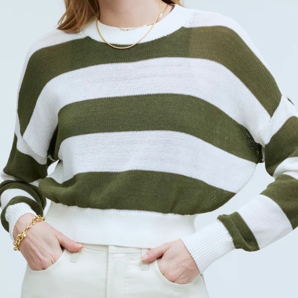 Madewell Loose Knit Crewneck Sweater White Green Stripe Medium - Picture 10 of 10